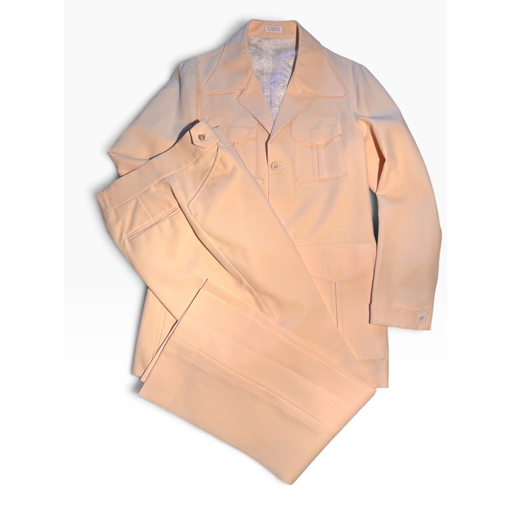 Vintage 70s Butter Safari Suit Mens 2 Piece Set Flare Leg Jacket Trousers Retro